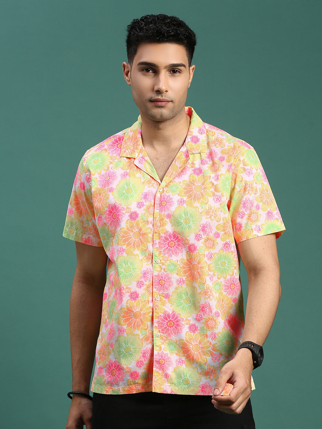 Men Cuban Collar Floral Multi Relaxed Fit Shirt