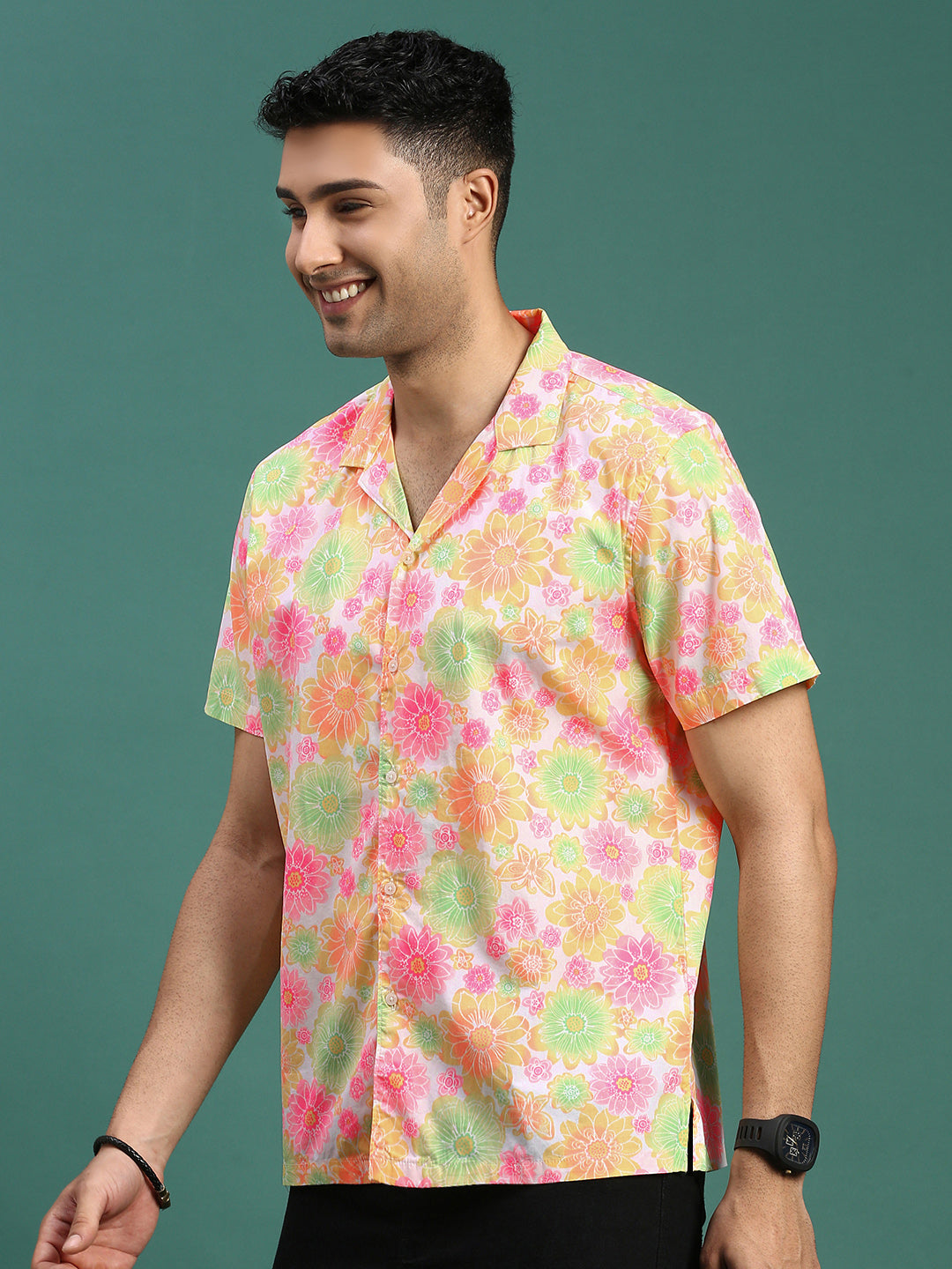 Men Cuban Collar Floral Multi Relaxed Fit Shirt