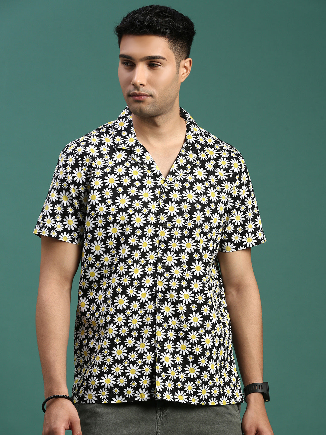 Men Cuban Collar Floral Black Relaxed Fit Shirt