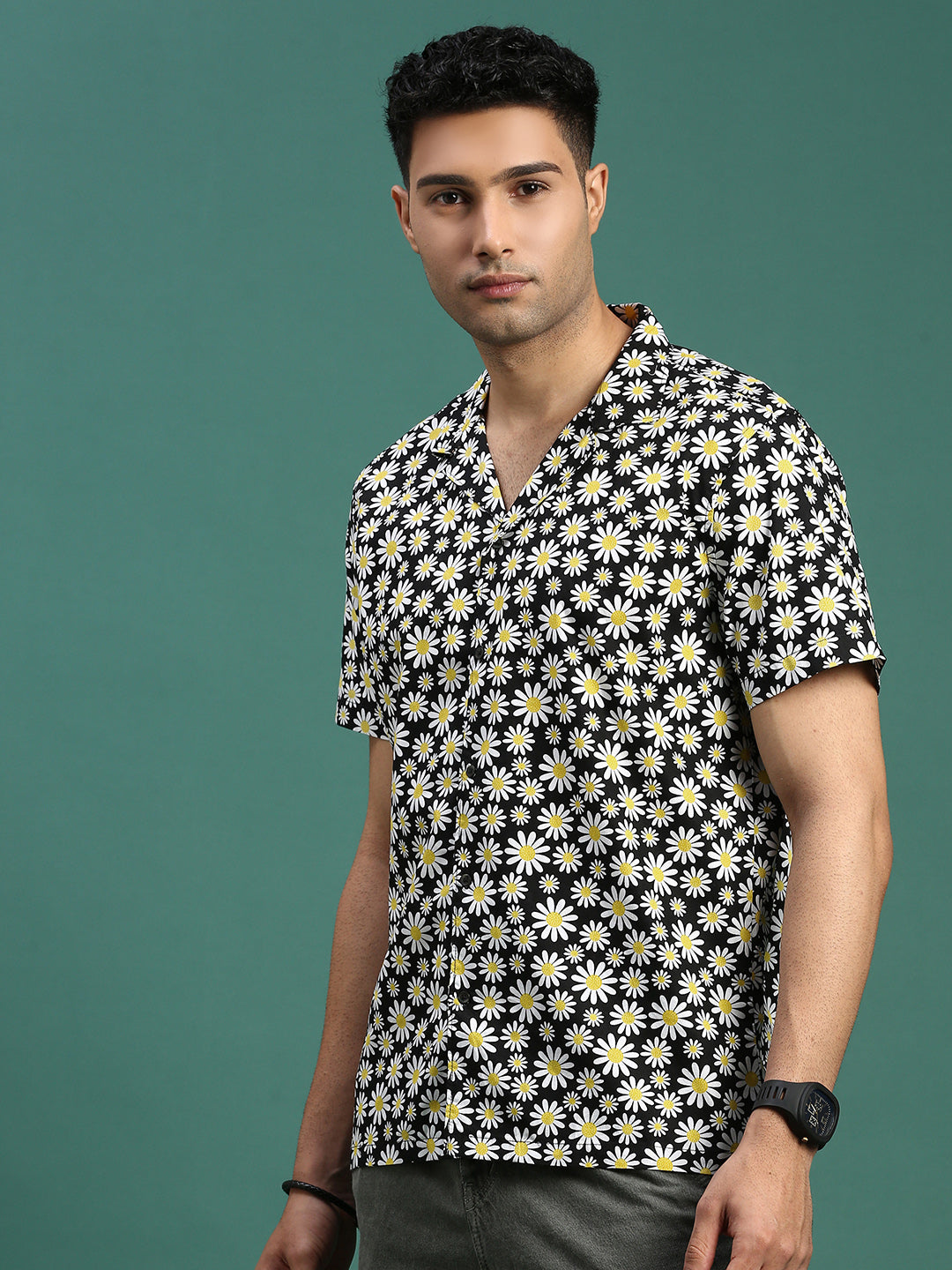 Men Cuban Collar Floral Black Relaxed Fit Shirt