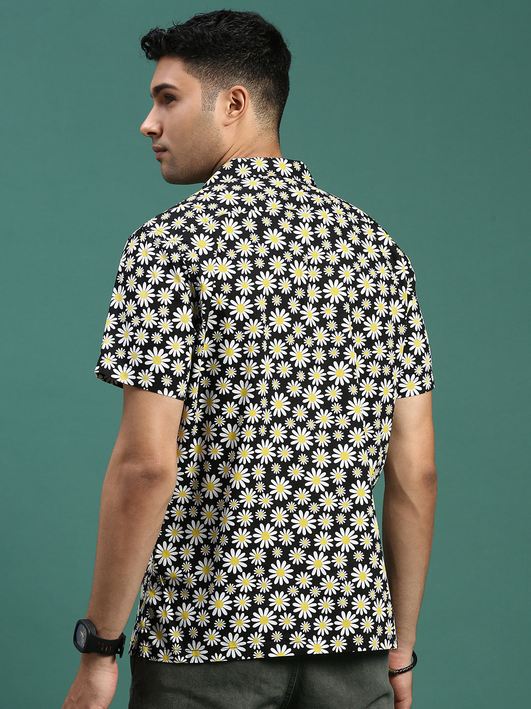 Men Cuban Collar Floral Black Relaxed Fit Shirt