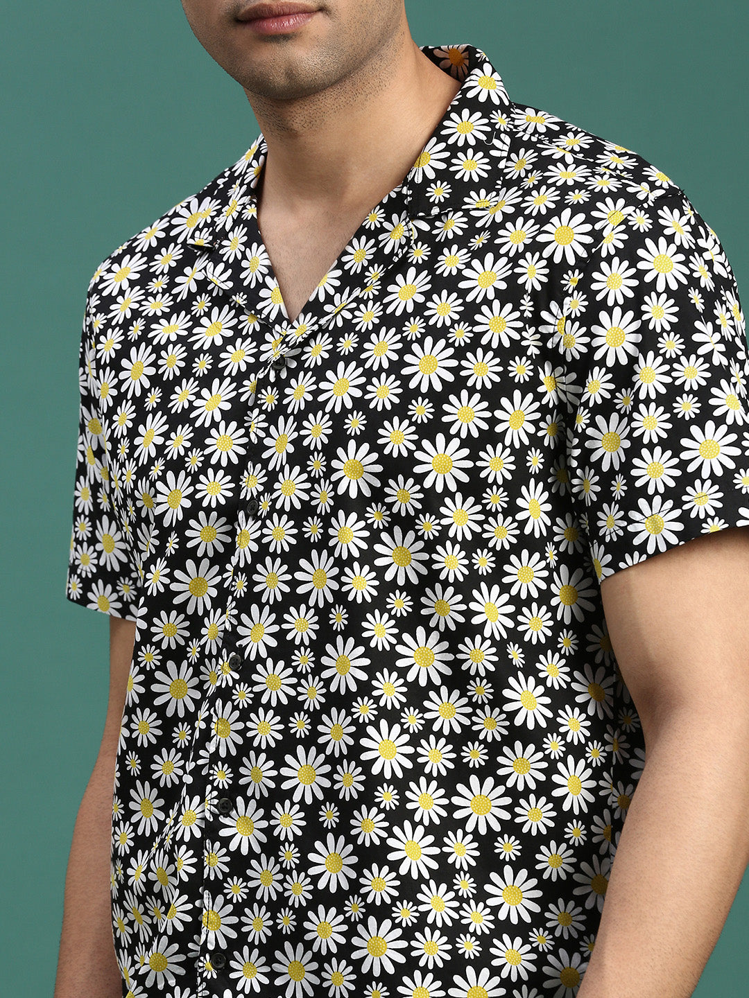 Men Cuban Collar Floral Black Relaxed Fit Shirt