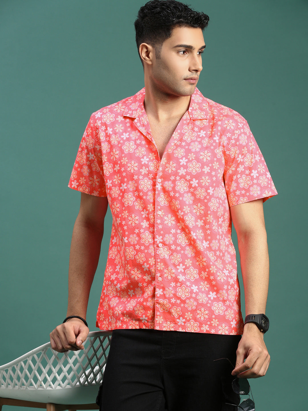 Men Cuban Collar Floral Coral Relaxed Fit Shirt