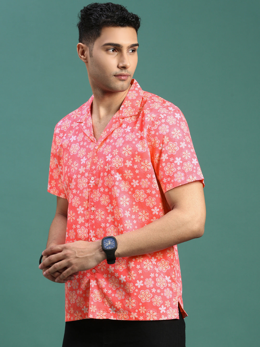 Men Cuban Collar Floral Coral Relaxed Fit Shirt