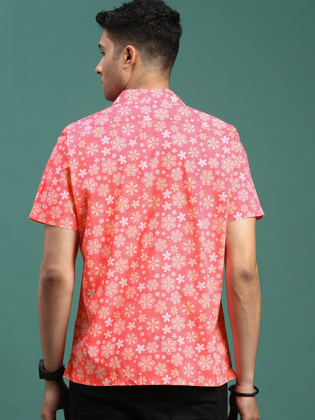 Men Cuban Collar Floral Coral Relaxed Fit Shirt