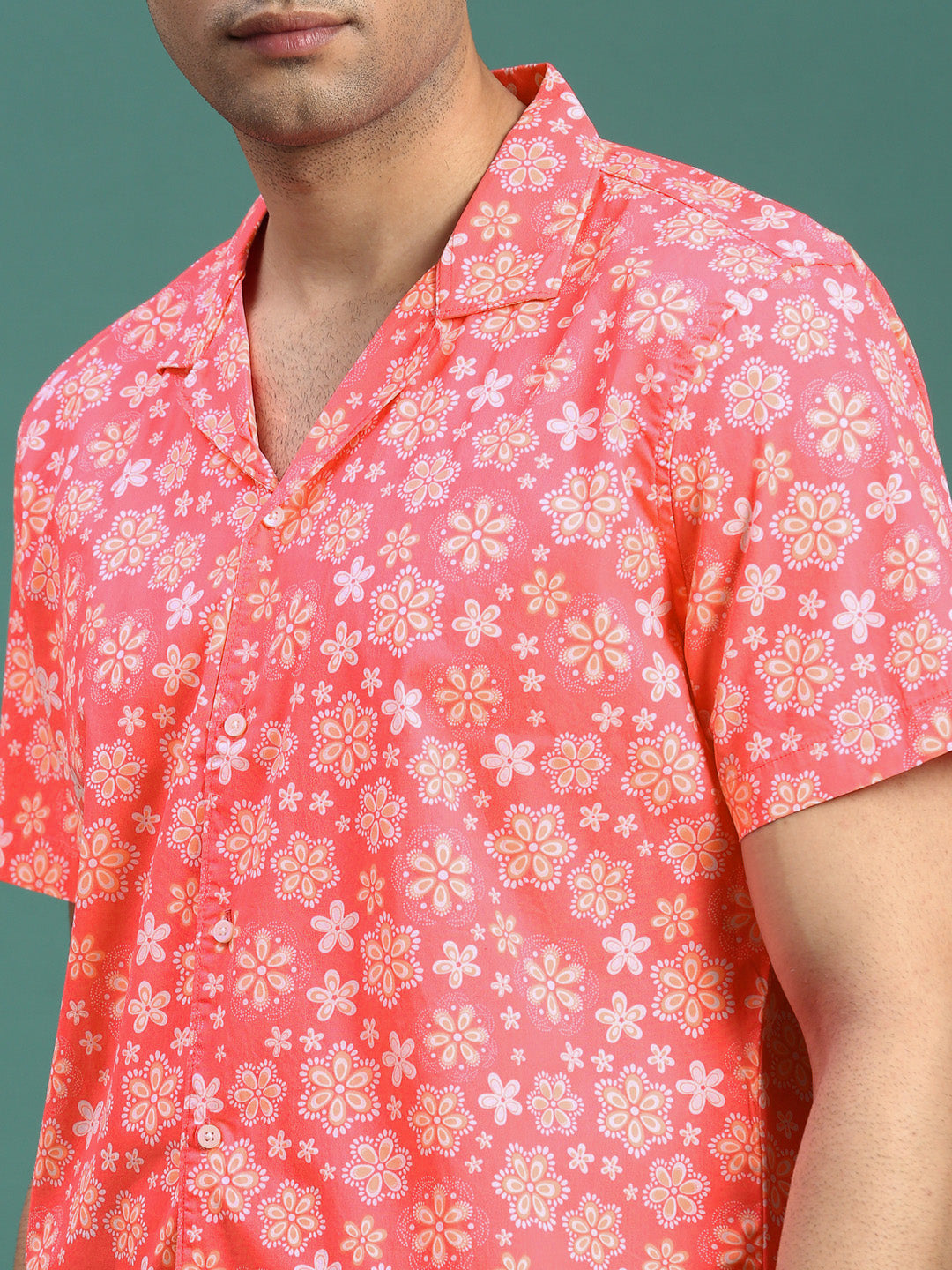 Men Cuban Collar Floral Coral Relaxed Fit Shirt