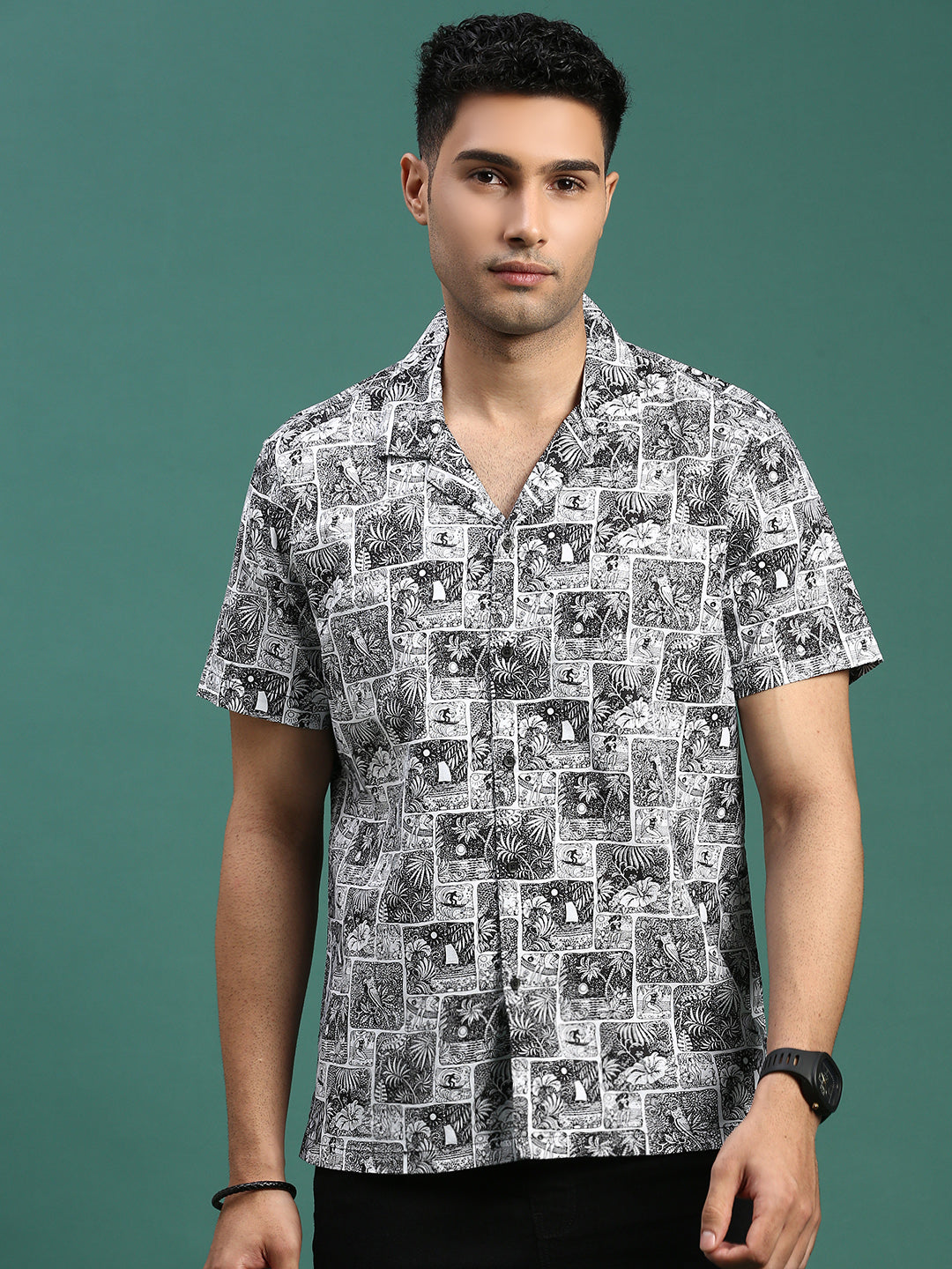 Men Cuban Collar Abstract Black Relaxed Fit Shirt