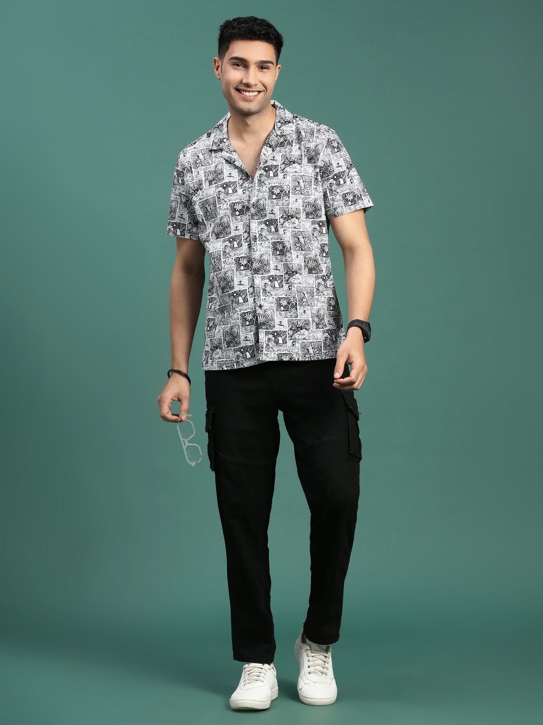 Men Cuban Collar Abstract Black Relaxed Fit Shirt