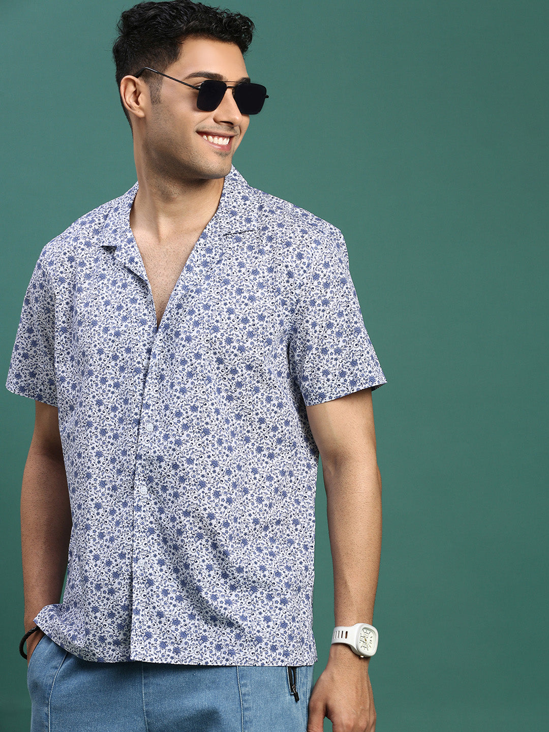 Men Cuban Collar Abstract Blue Relaxed Fit Shirt