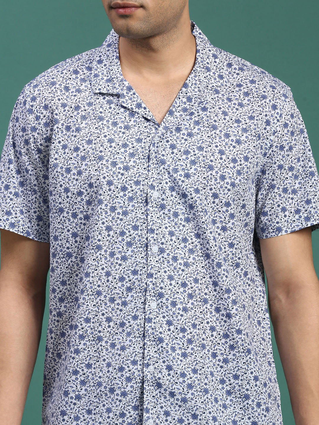 Men Cuban Collar Abstract Blue Relaxed Fit Shirt