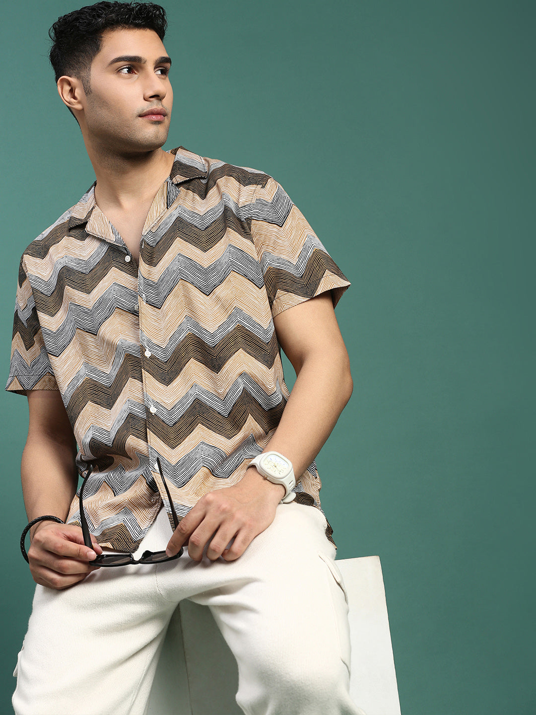 Men Cuban Collar Geometric Multi Relaxed Fit Shirt