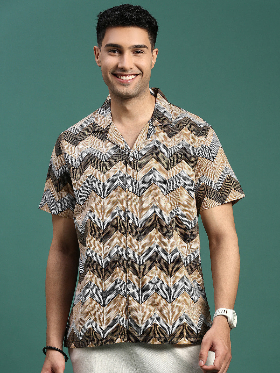 Men Cuban Collar Geometric Multi Relaxed Fit Shirt