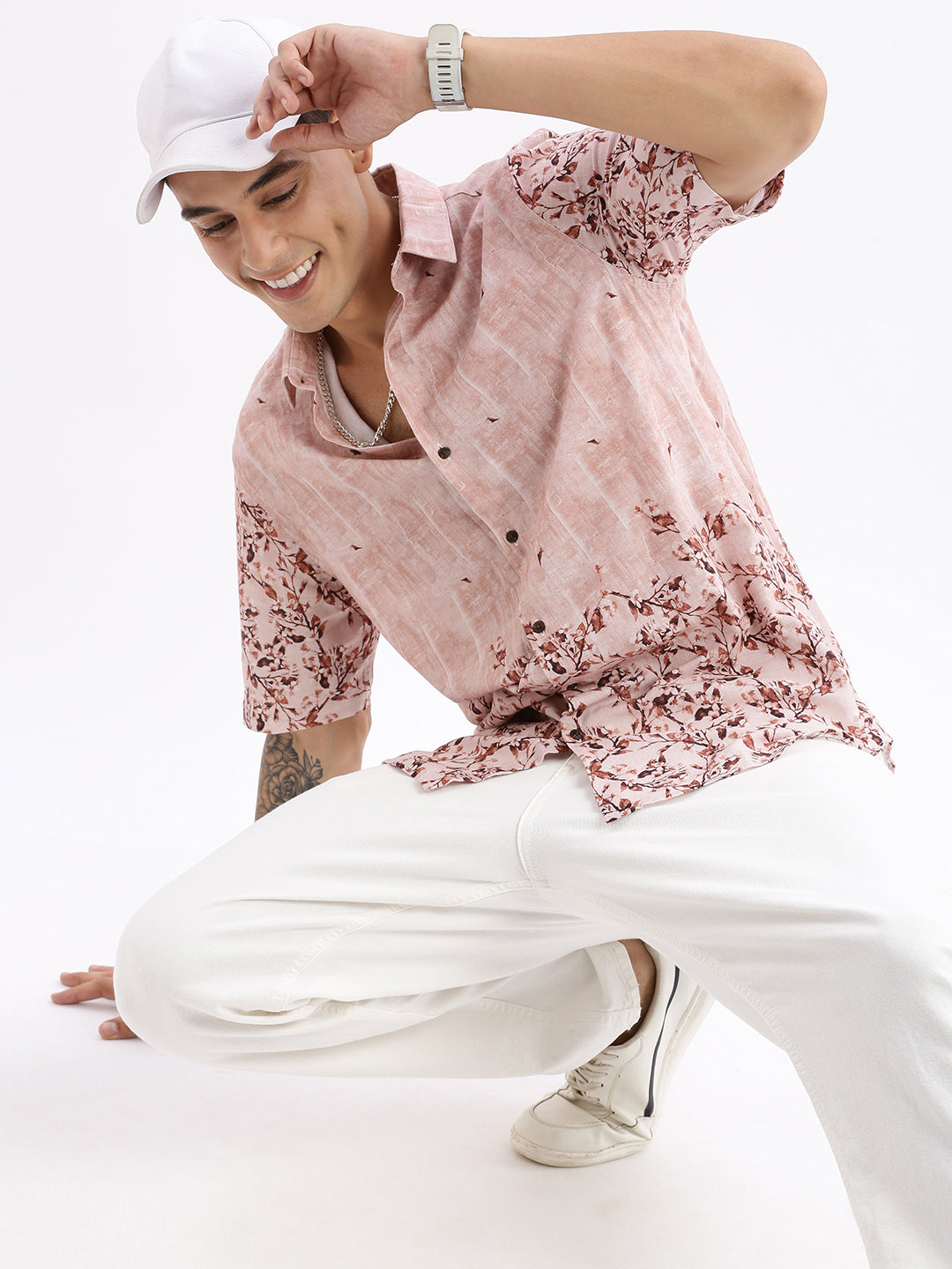 Men Spread Collar Floral Slim Fit Peach Shirt