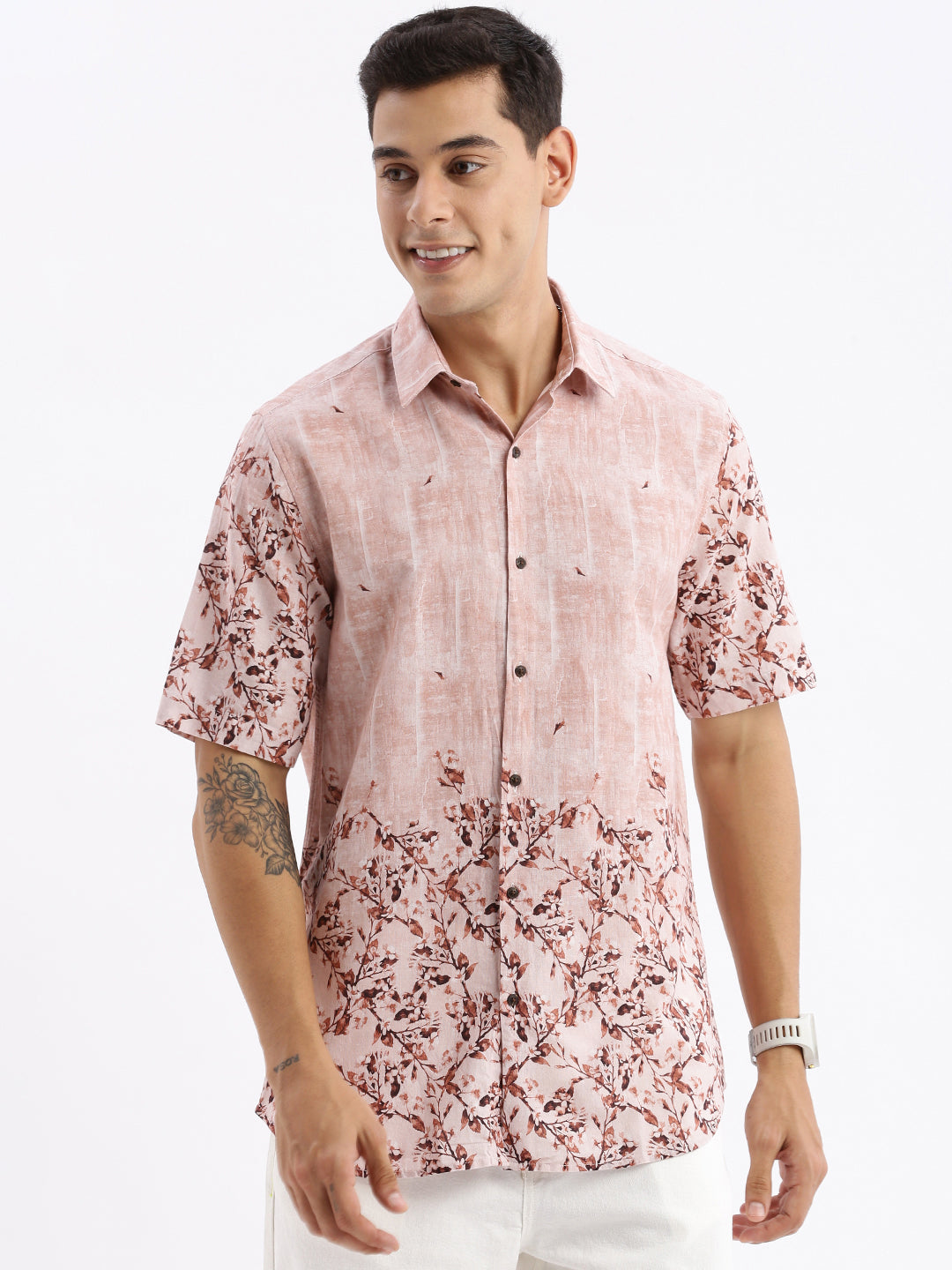 Men Spread Collar Floral Slim Fit Peach Shirt