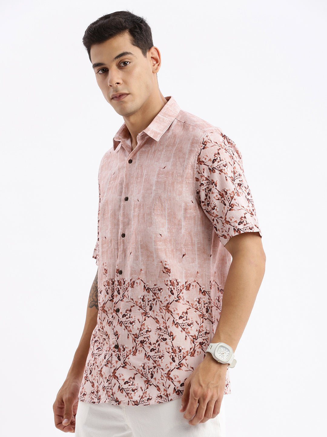 Men Spread Collar Floral Slim Fit Peach Shirt