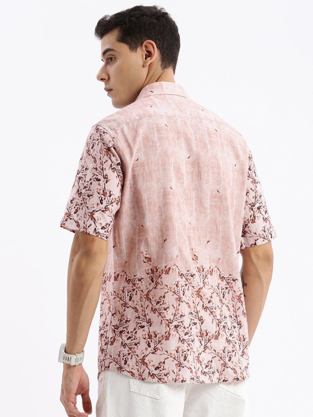 Men Spread Collar Floral Slim Fit Peach Shirt