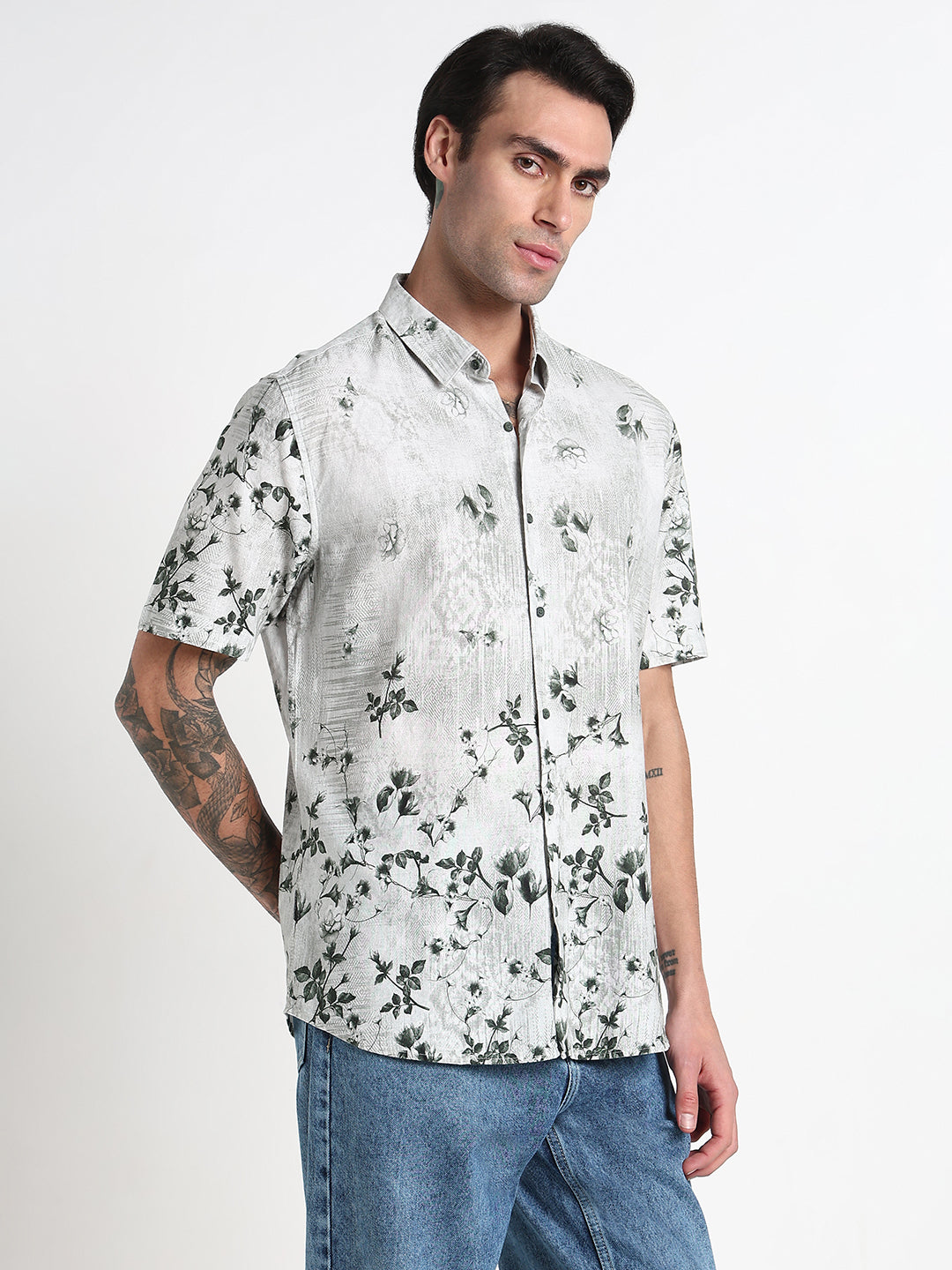 Men's Green Floral Slim Fit Casual Shirt