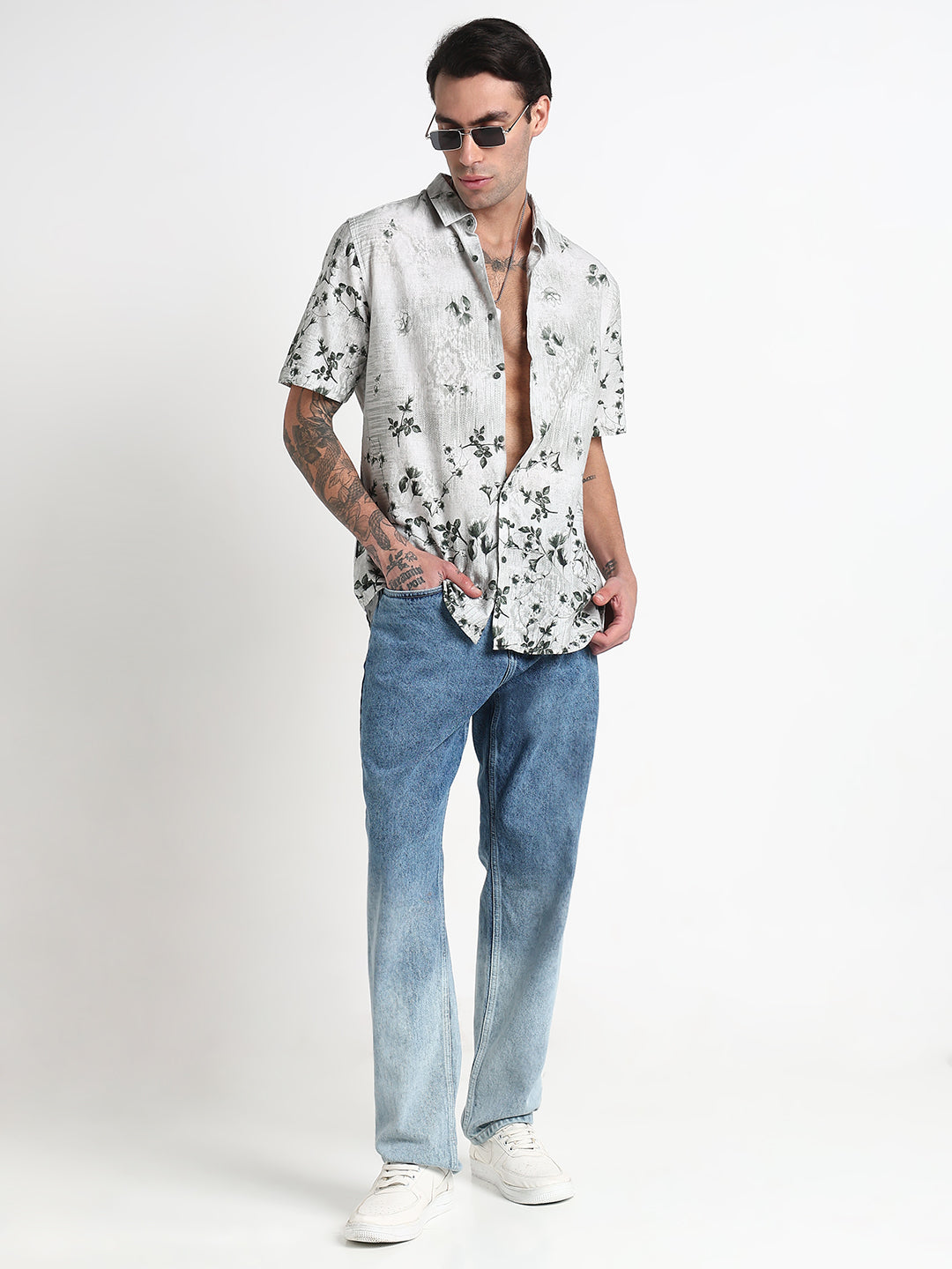 Men's Green Floral Slim Fit Casual Shirt