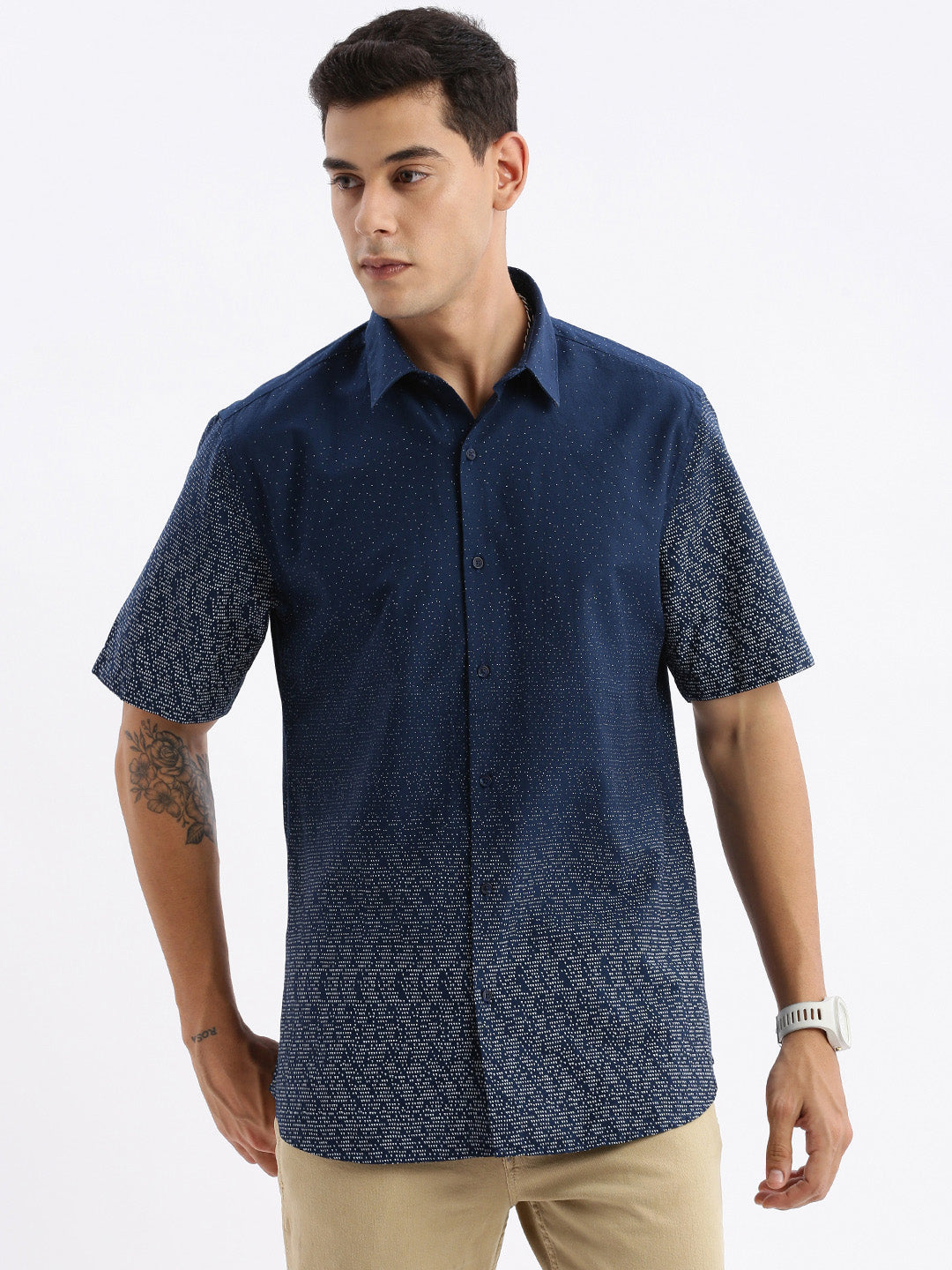 Men Spread Collar Printed Slim Fit Navy Blue Shirt