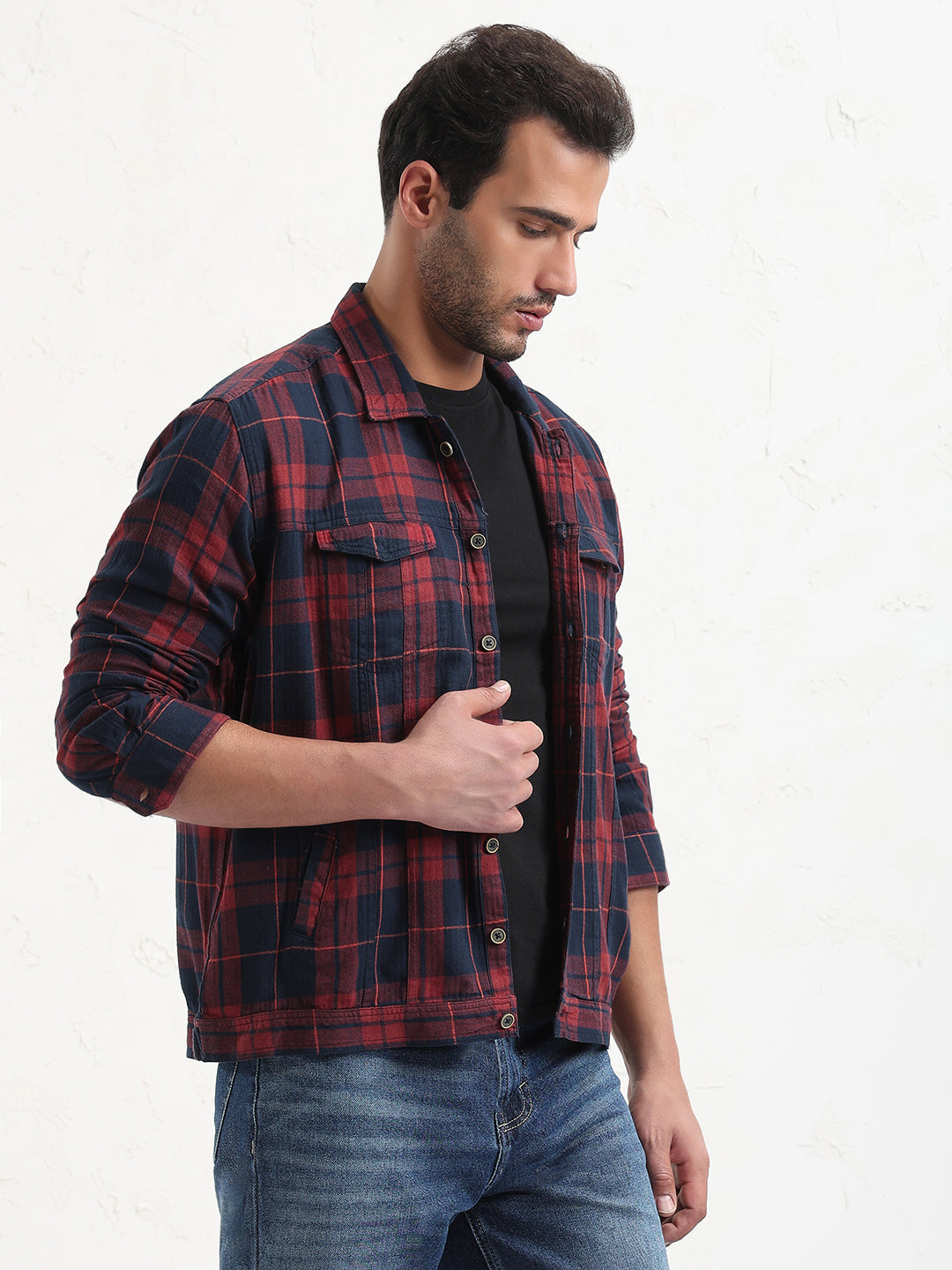 Men's Red Checked Slim Fit Shacket