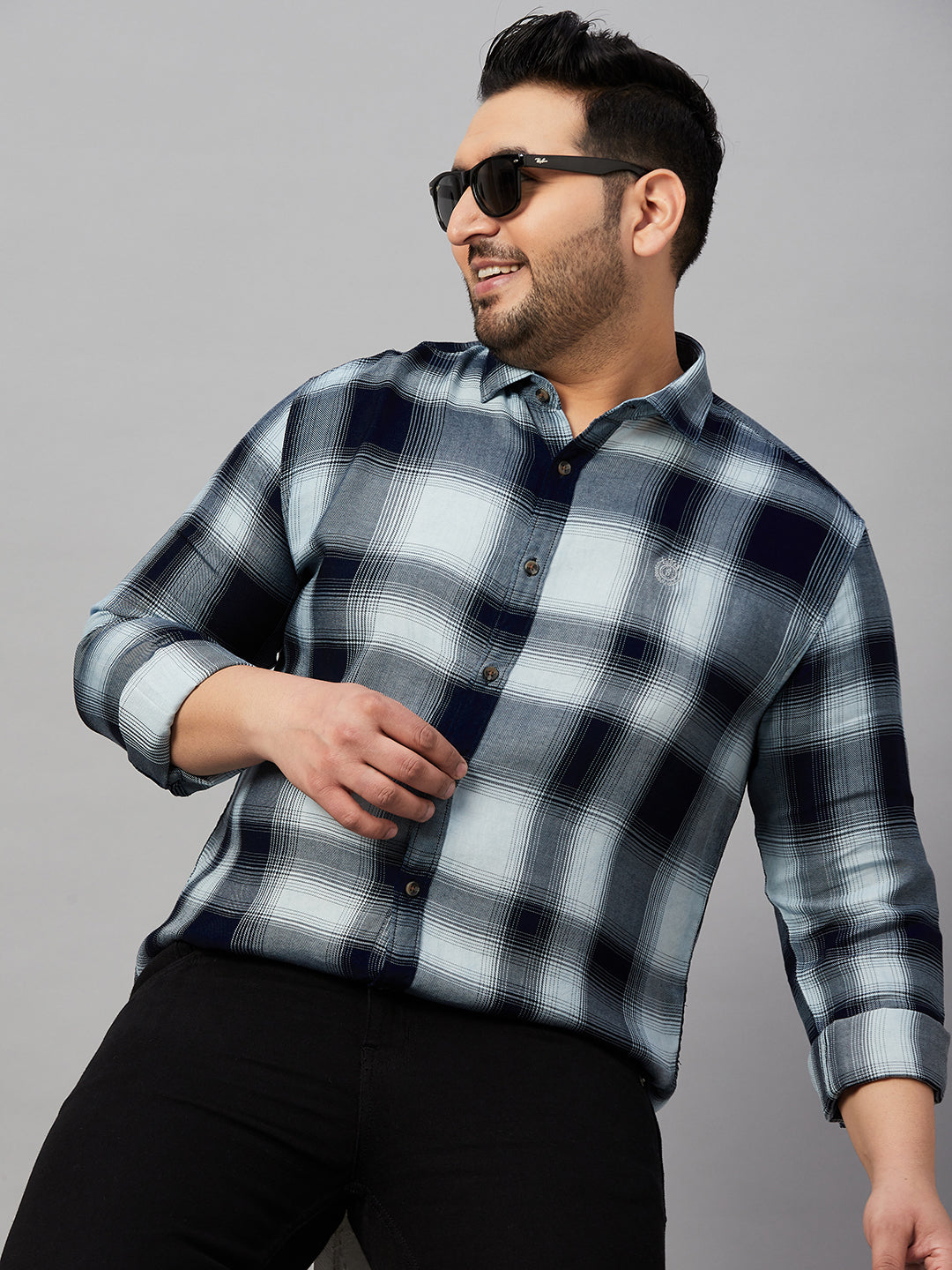 Men Spread Collar Checked Blue Shirt