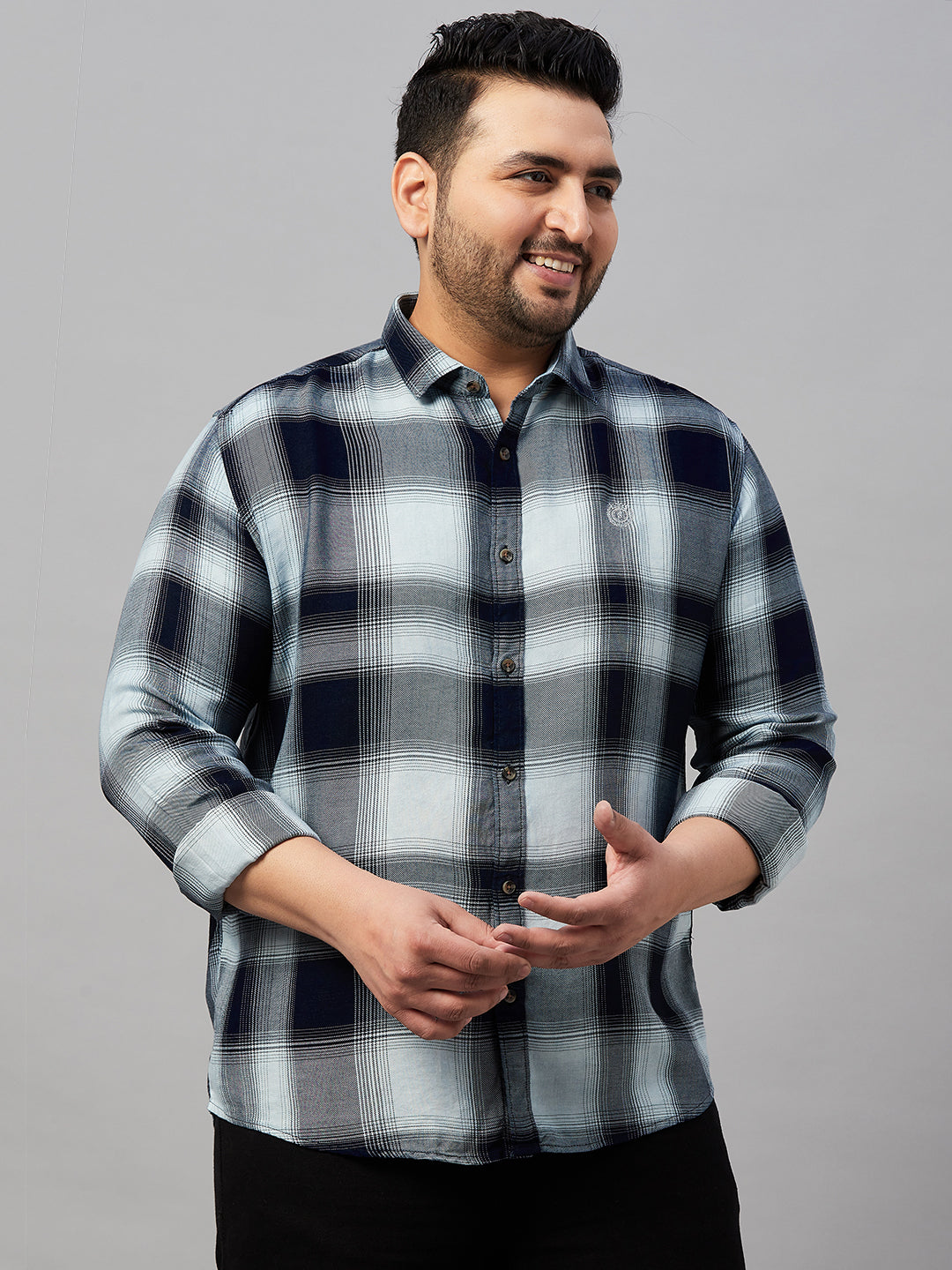 Men Spread Collar Checked Blue Shirt