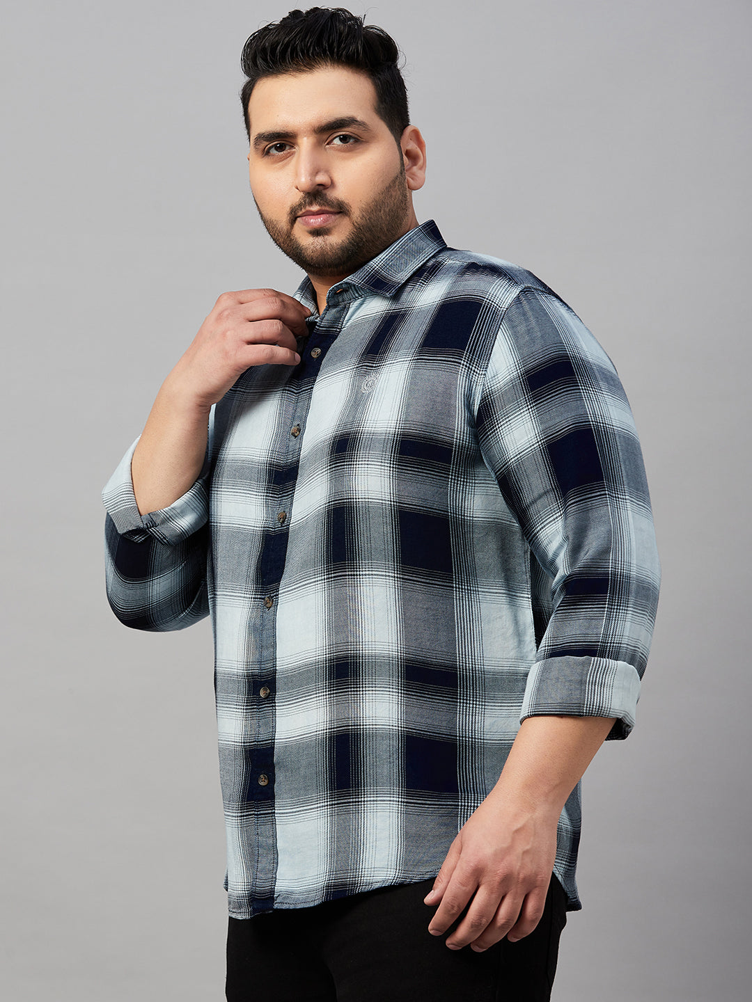 Men Spread Collar Checked Blue Shirt