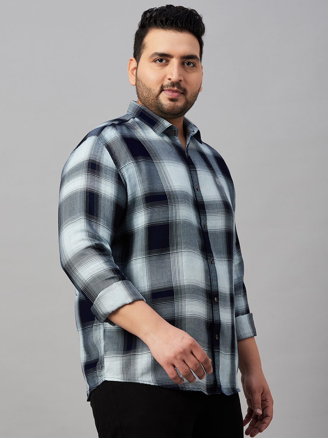 Men Spread Collar Checked Blue Shirt