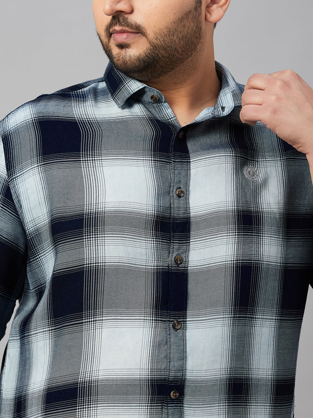 Men Spread Collar Checked Blue Shirt