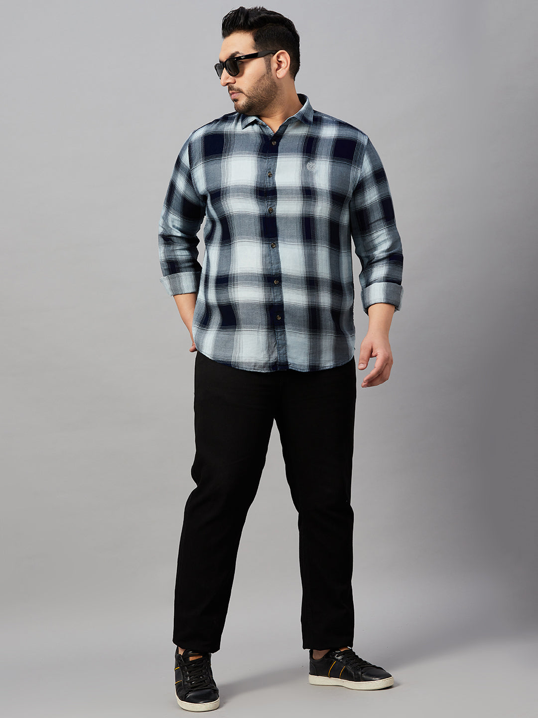 Men Spread Collar Checked Blue Shirt