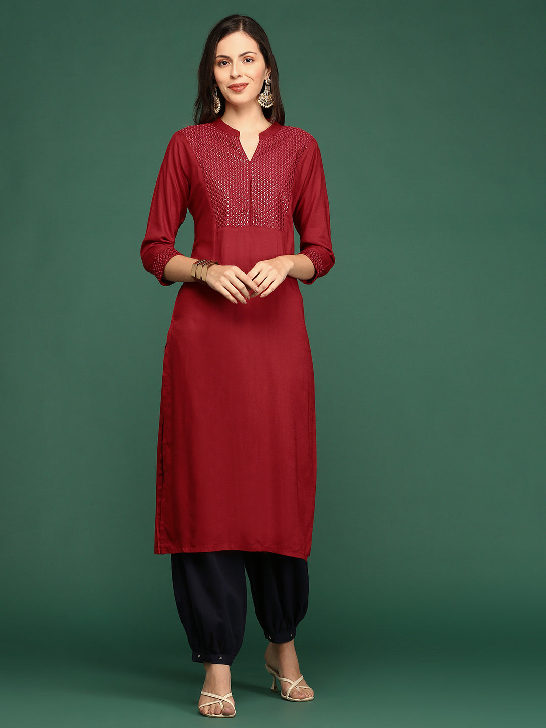 Women's Red Solid Straight Kurta