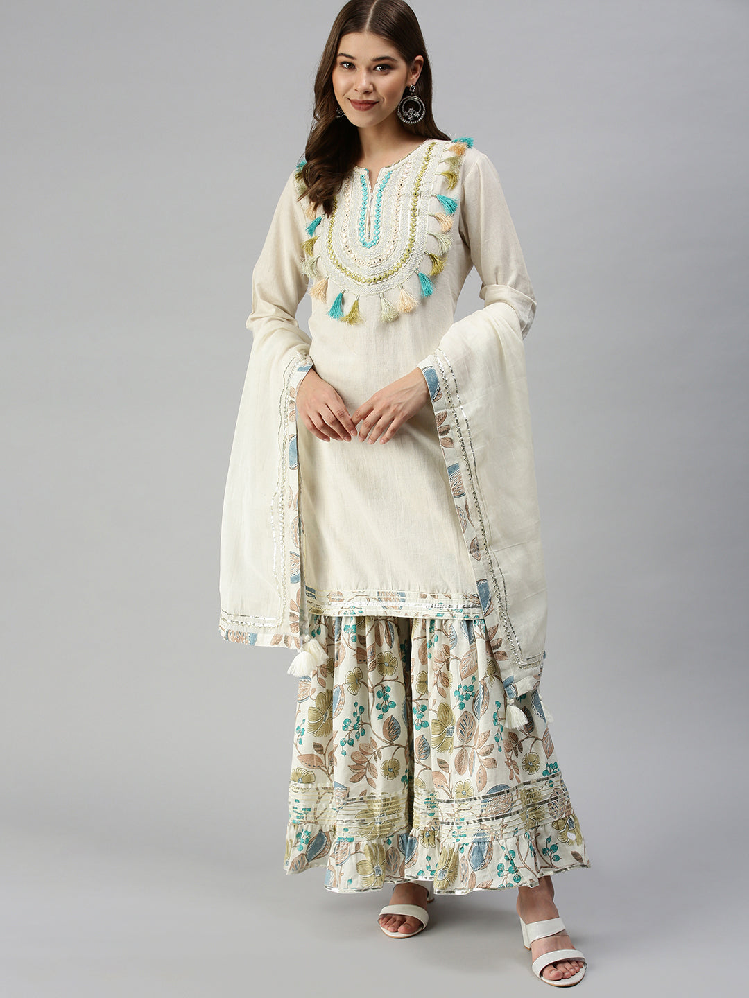 Women Straight Off White Yoke Design Kurta and Sharara