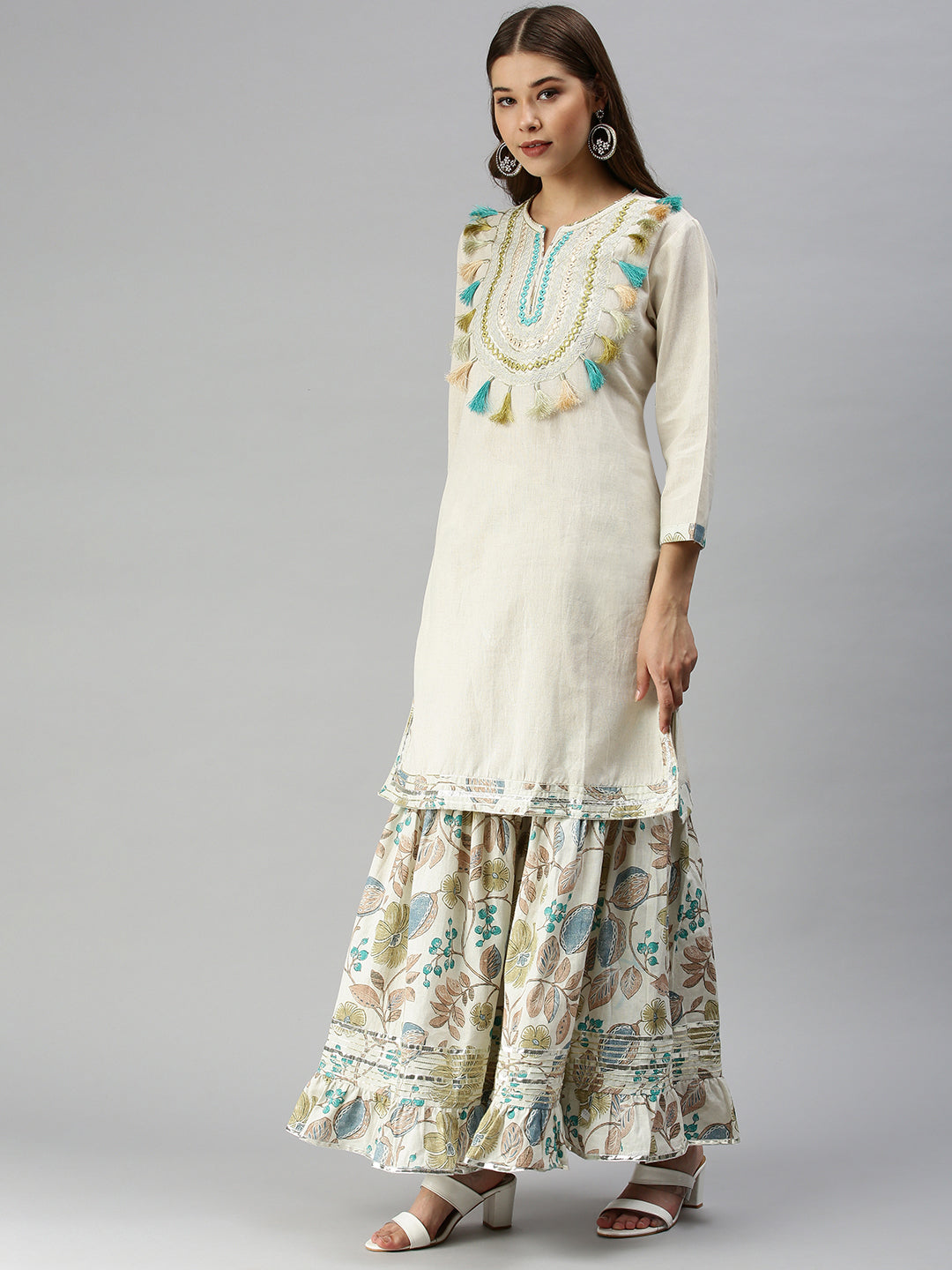 Women Straight Off White Yoke Design Kurta and Sharara