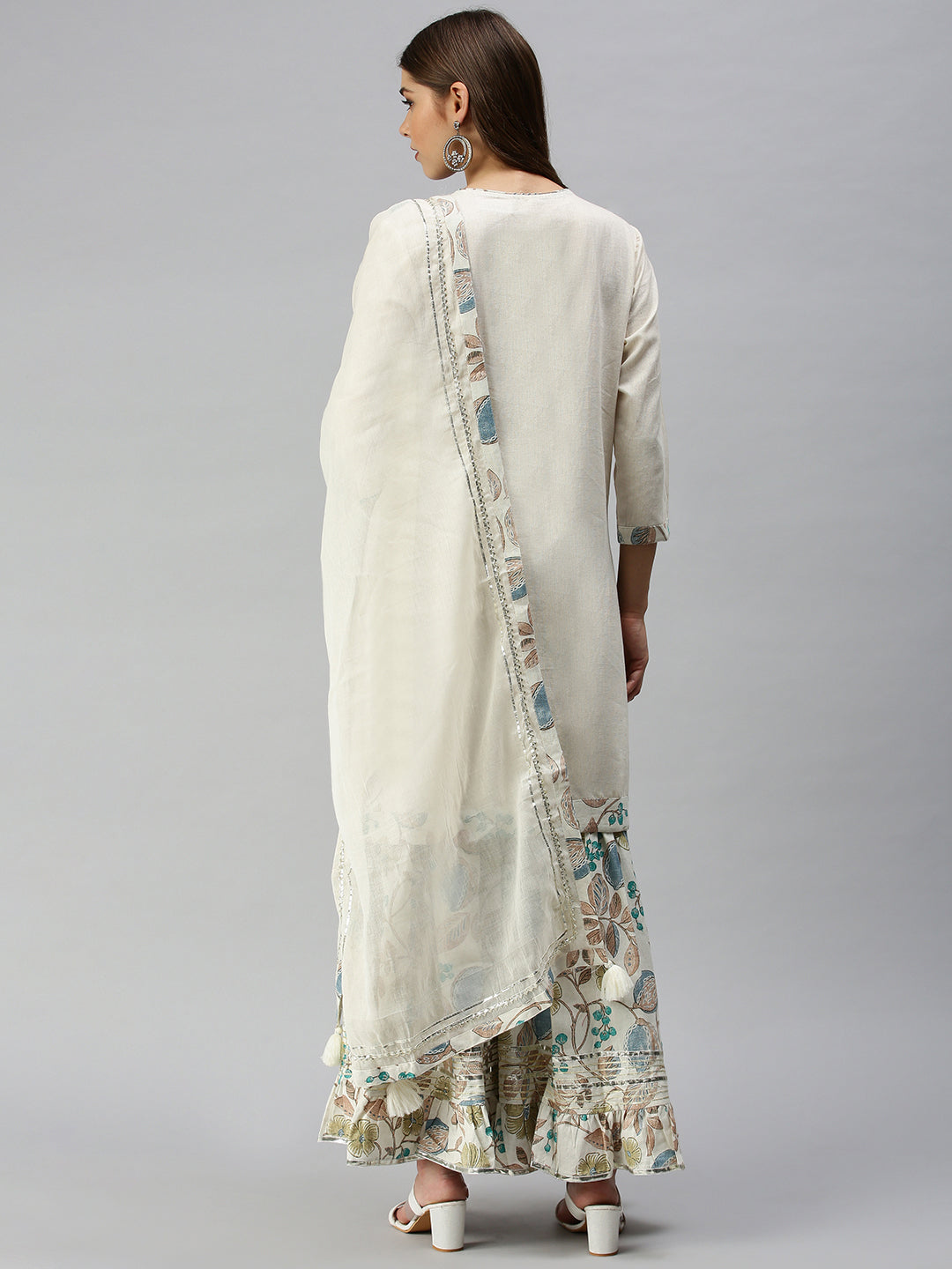 Women Straight Off White Yoke Design Kurta and Sharara