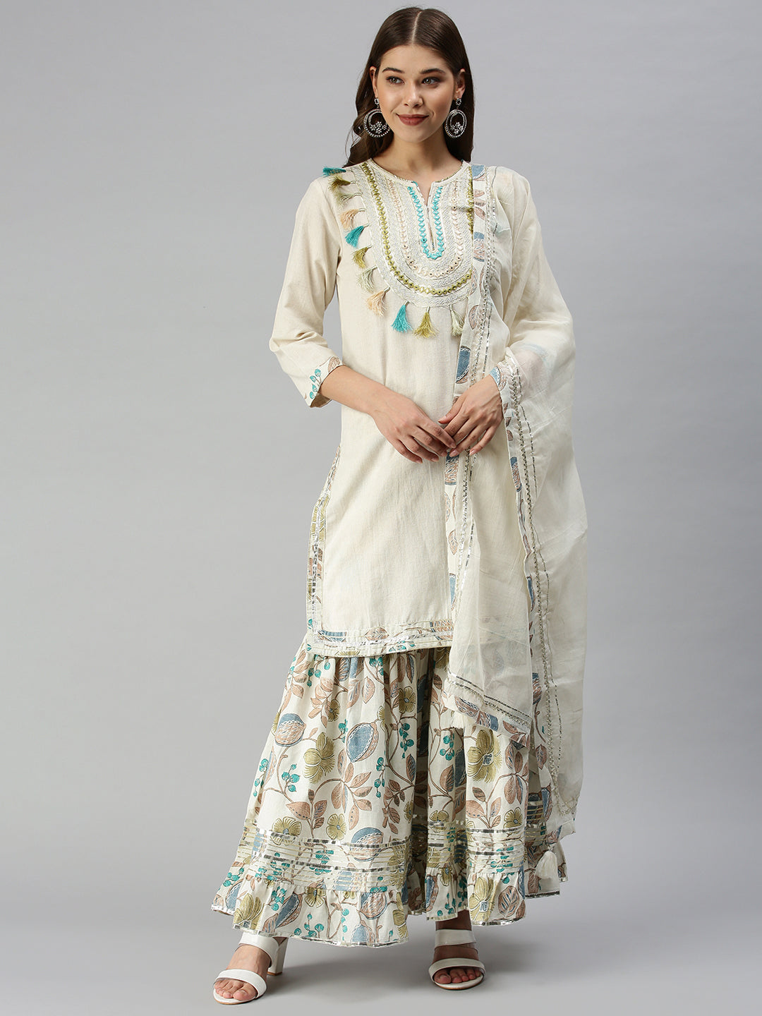 Women Straight Off White Yoke Design Kurta and Sharara