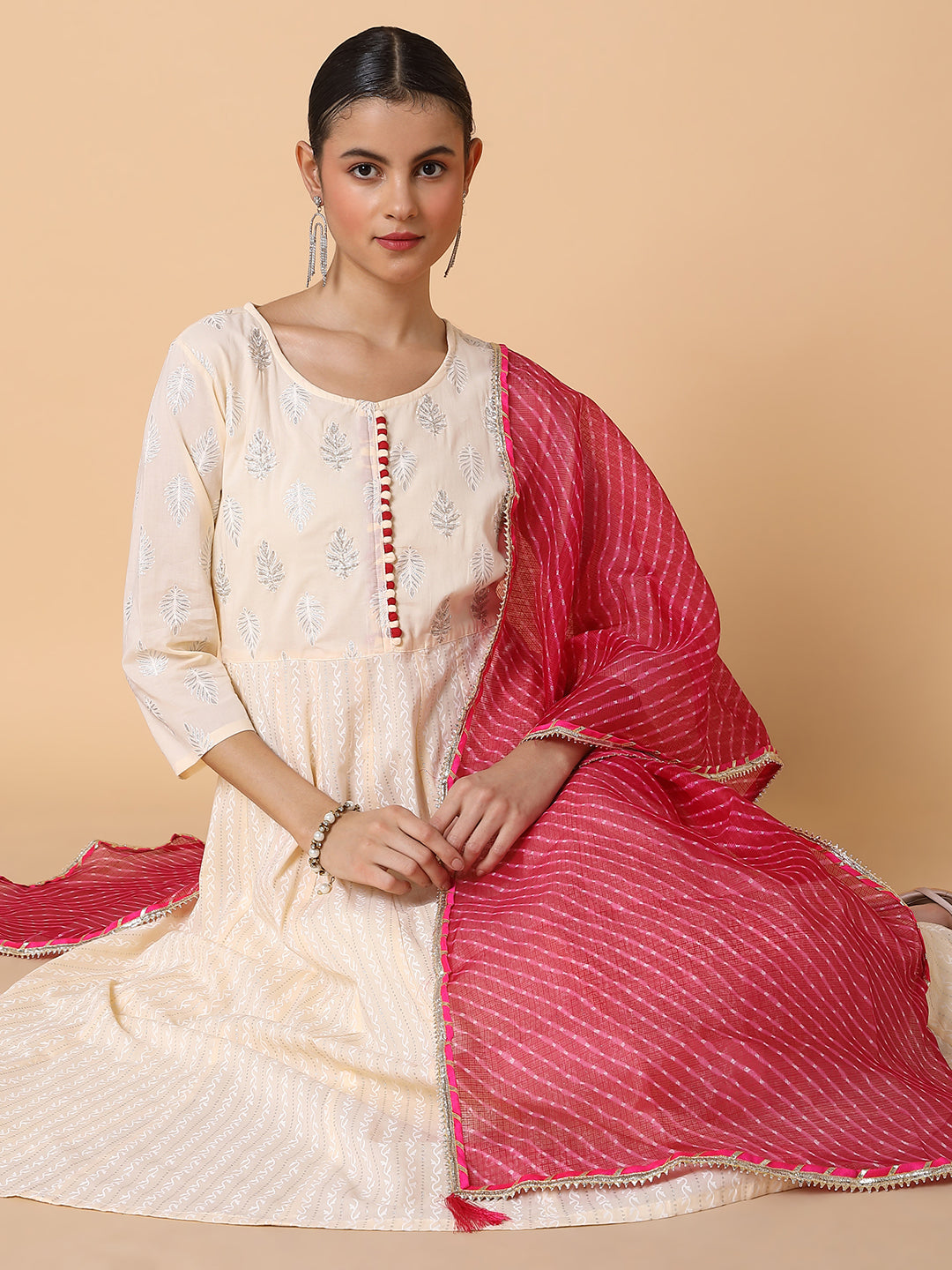 Women Ethnic Motifs Cream Anarkali Kurta with Duppatta