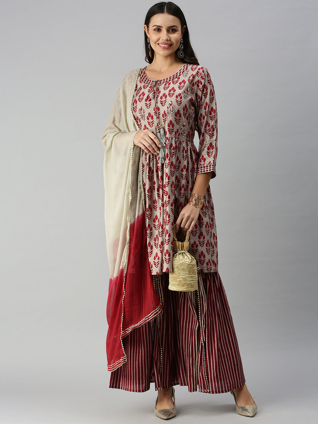 Women A-Line Taupe Printed Kurta and Sharara