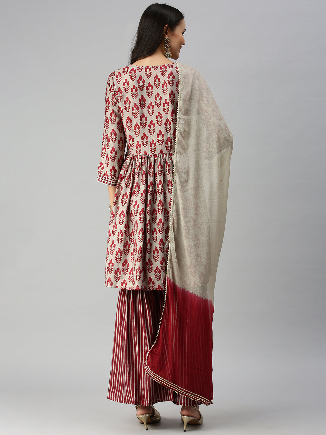 Women A-Line Taupe Printed Kurta and Sharara