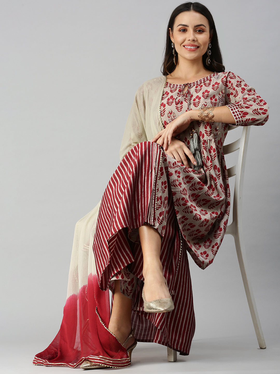 Women A-Line Taupe Printed Kurta and Sharara