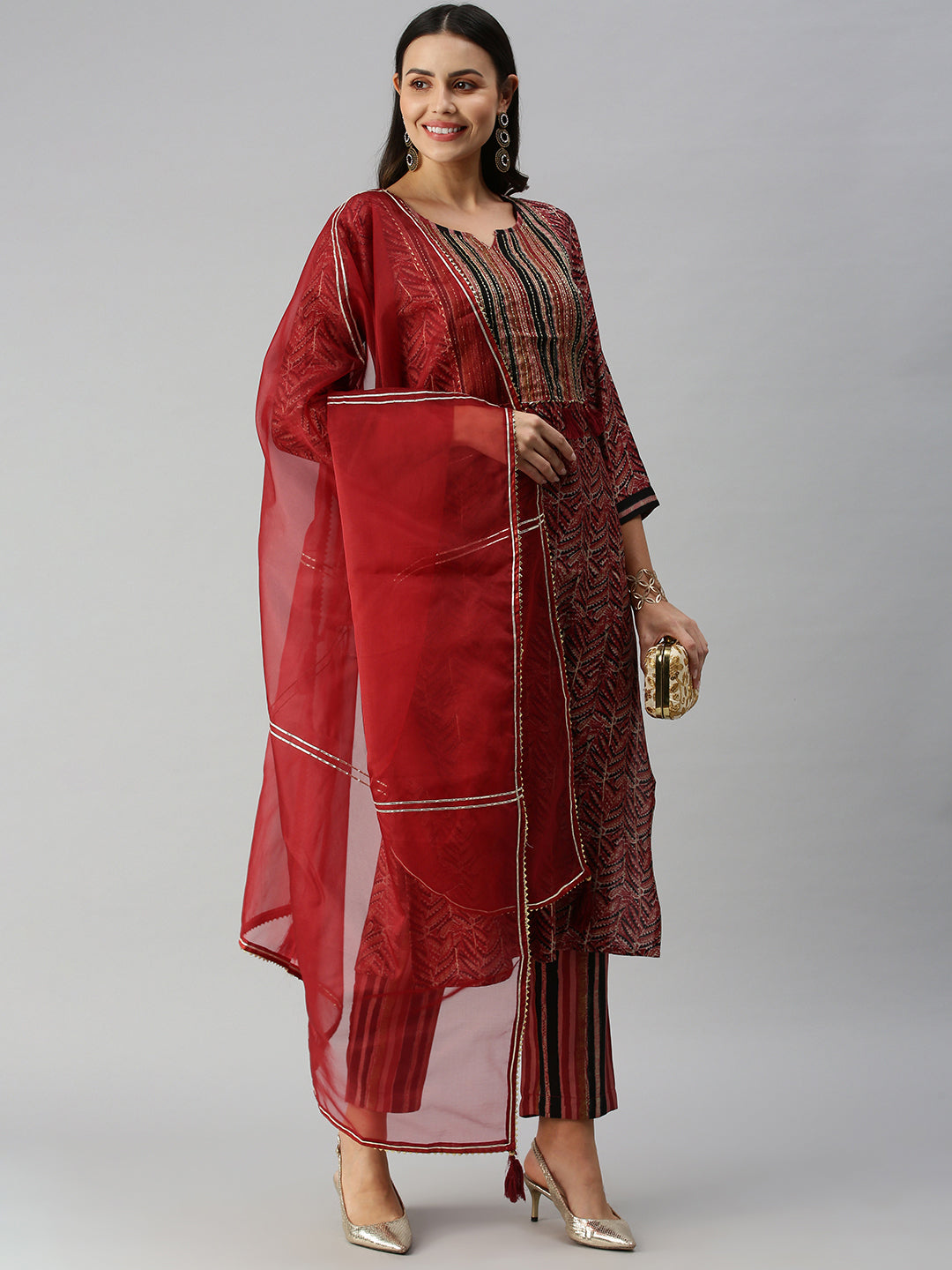 Women Straight Maroon Yoke Design Kurta and Trousers