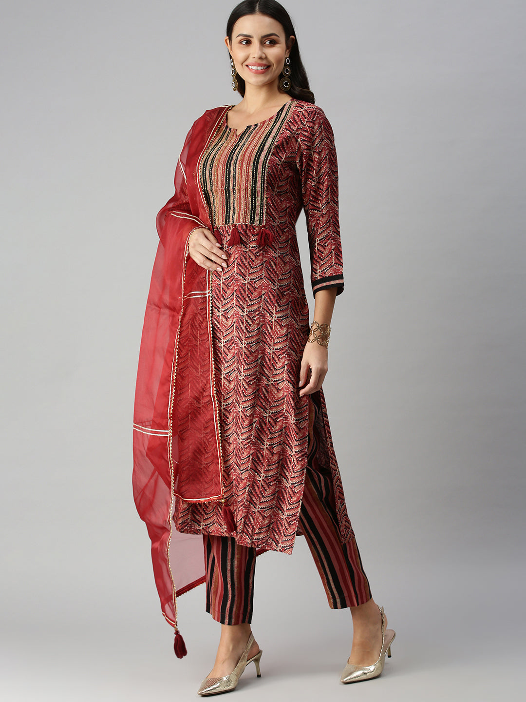 Women Straight Maroon Yoke Design Kurta and Trousers