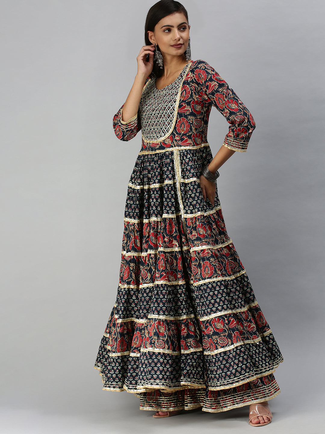 Women Anarkali Navy Blue Printed Kurta and Sharara