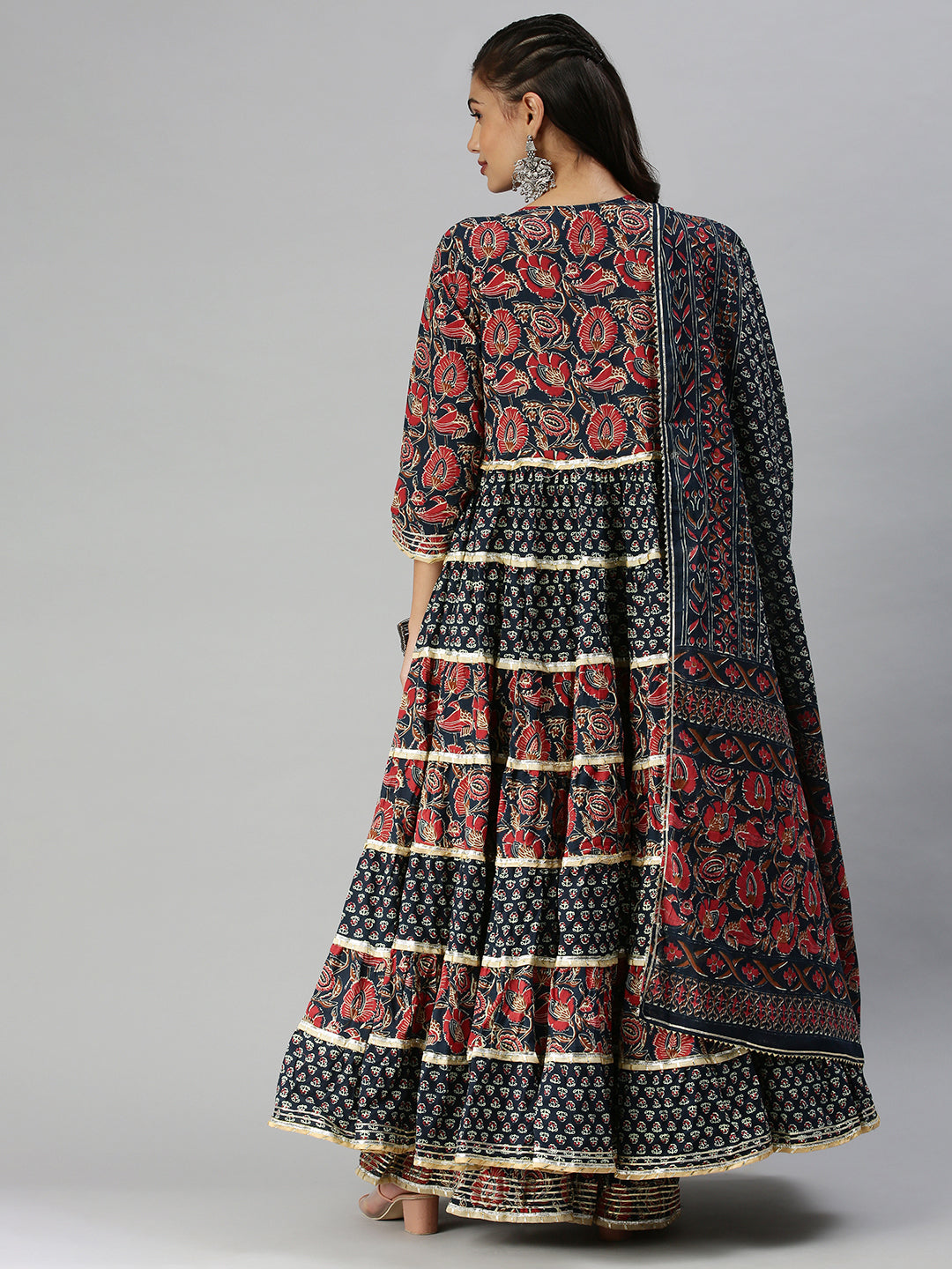 Women Anarkali Navy Blue Printed Kurta and Sharara