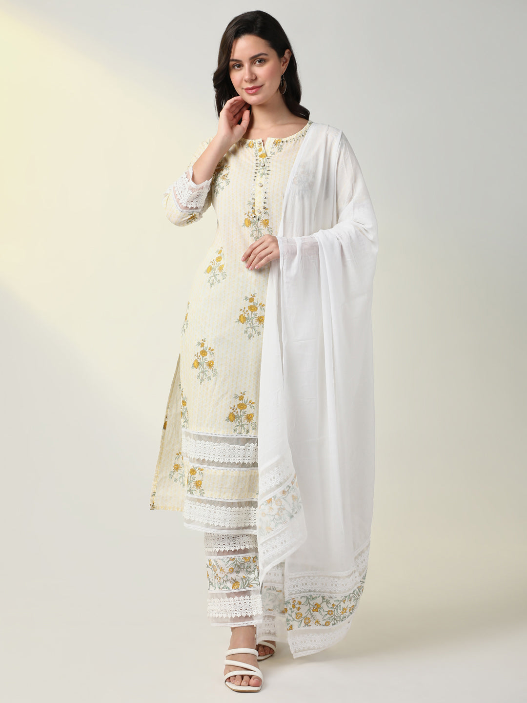 Women Cream Floral Kurta Set with Dupatta