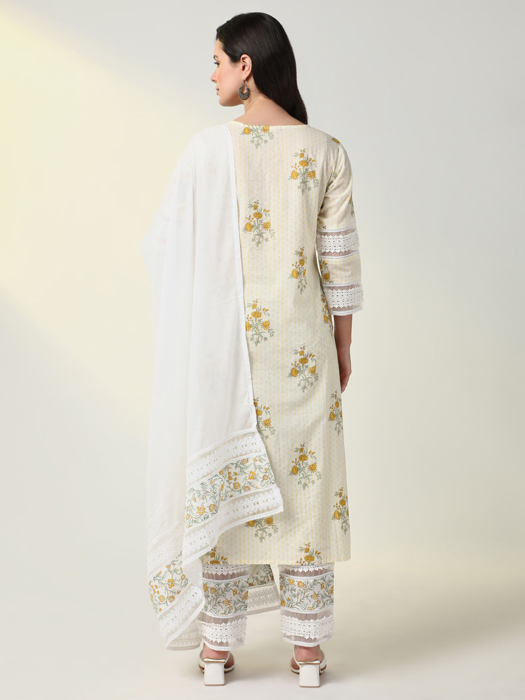 Women Cream Floral Kurta Set with Dupatta