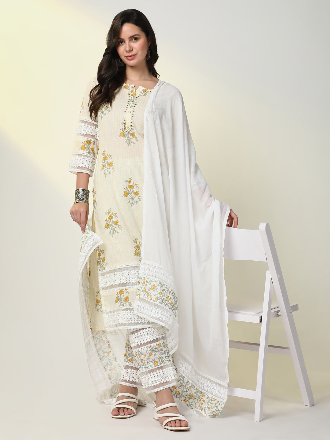 Women Cream Floral Kurta Set with Dupatta