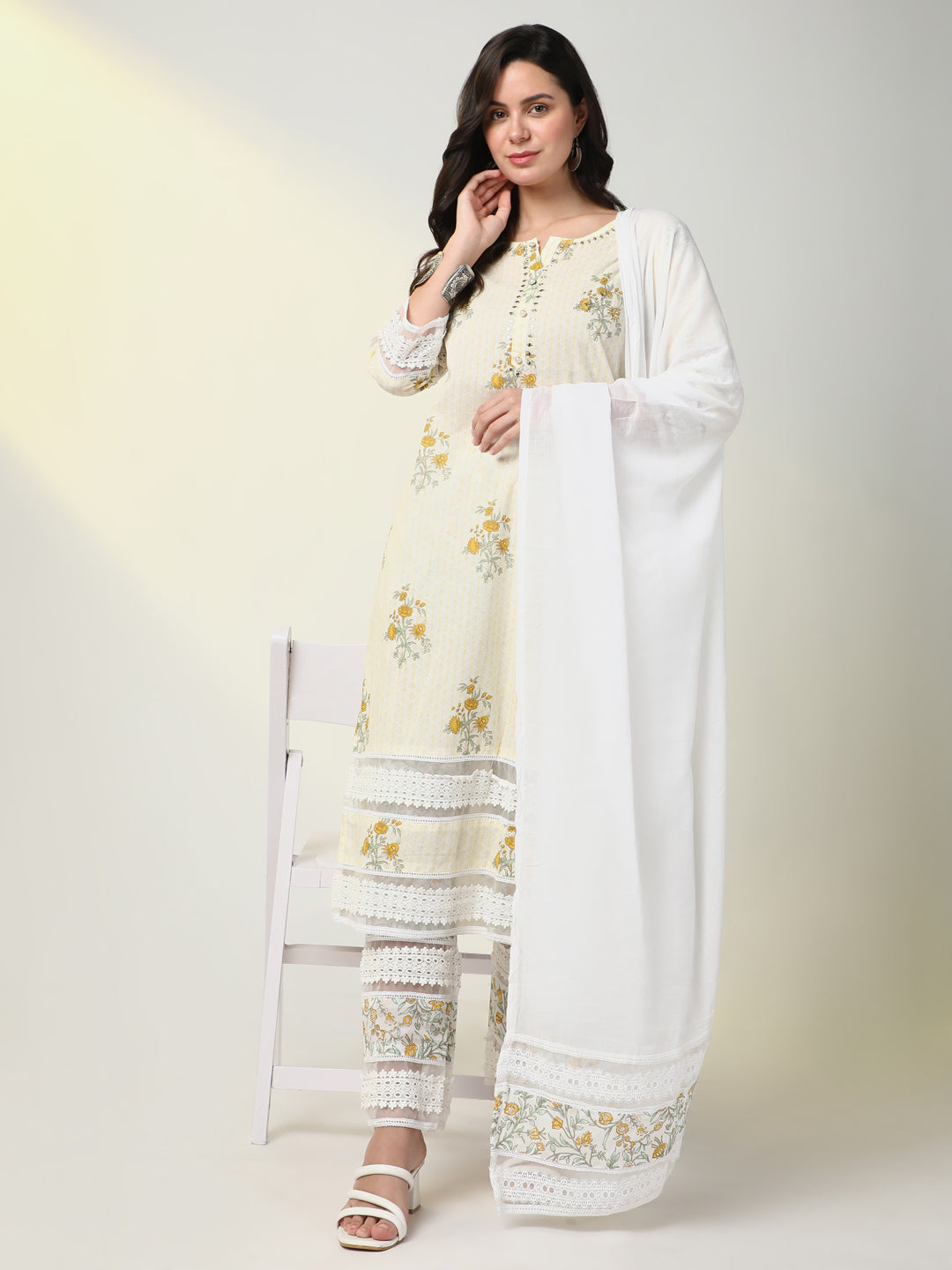 Women Cream Floral Kurta Set with Dupatta