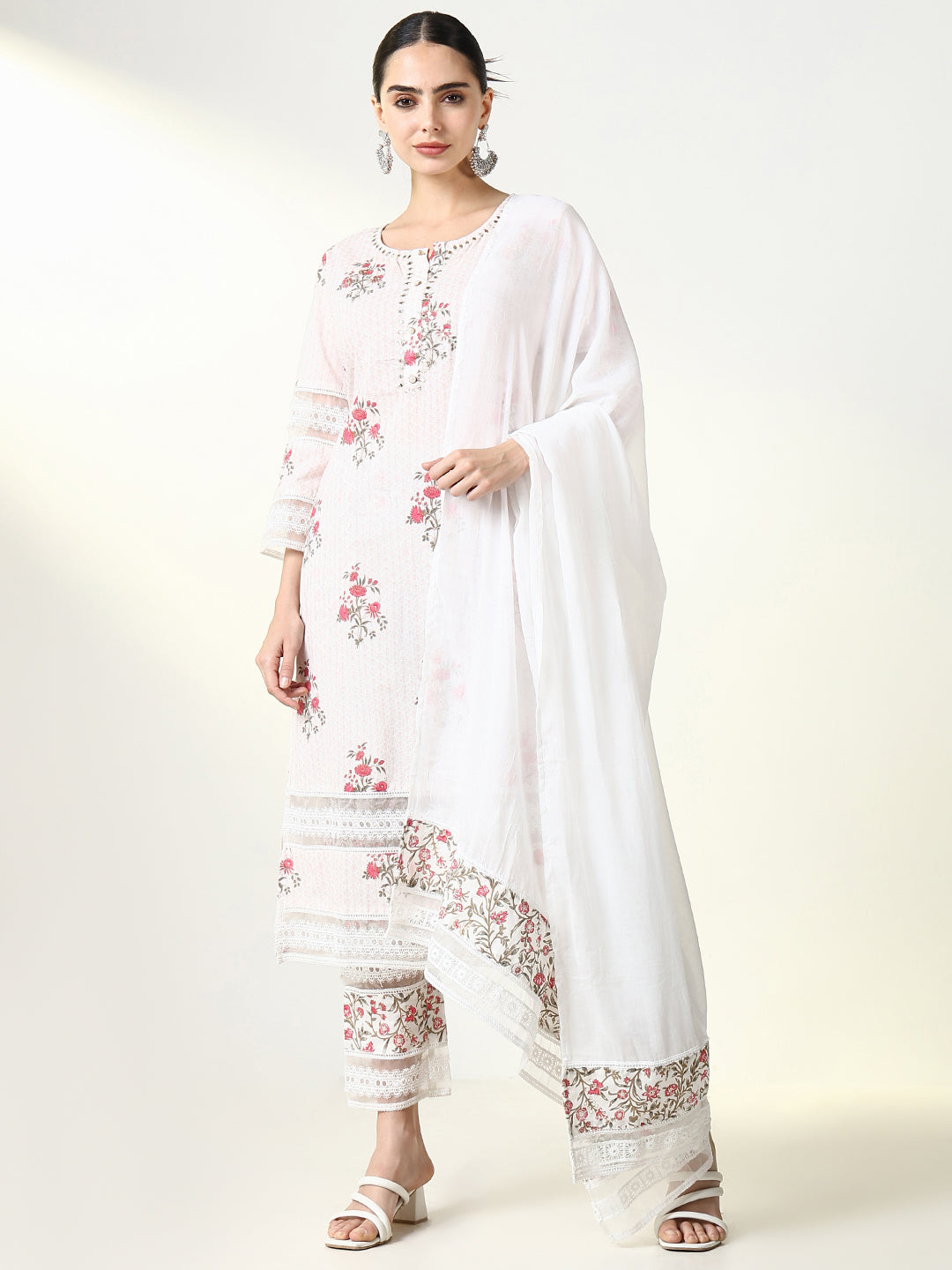 Women Floral Pink Straight Kurta Set with Dupatta