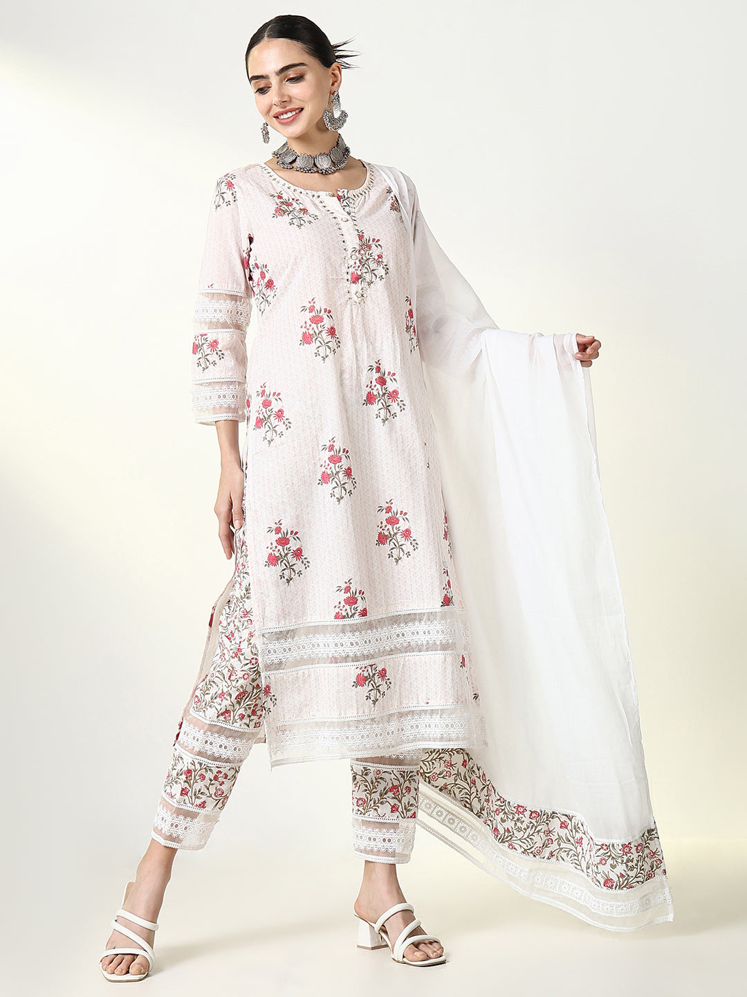 Women Floral Pink Straight Kurta Set with Dupatta