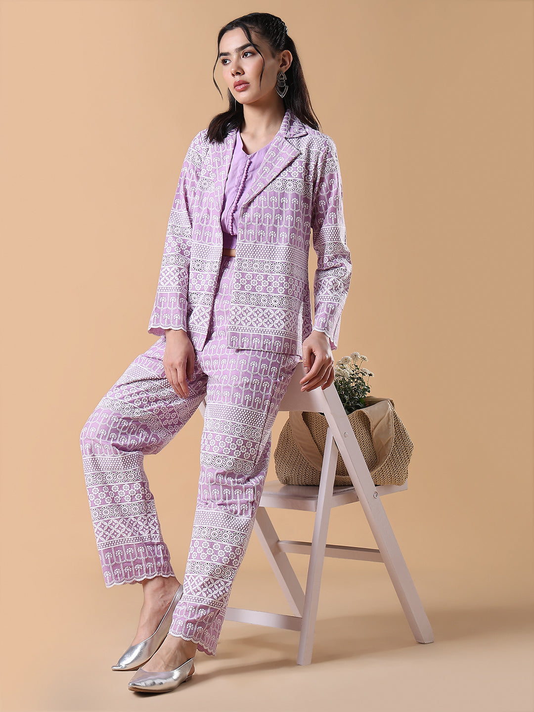 Women Lavender Embroidered Co-ords Set with Blazer